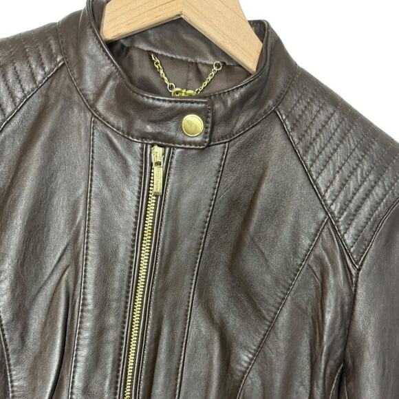 Cole Haan Lambskin Leather Moto Jacket Brown Gold Hardware Small - Picture 11 of 13
